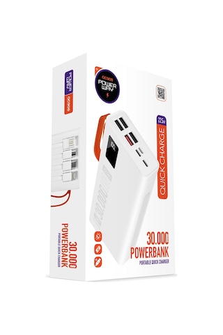 30.000 Mah Pd 22,5w Dahili Kablolu Powerbank Qc30s BEYAZ