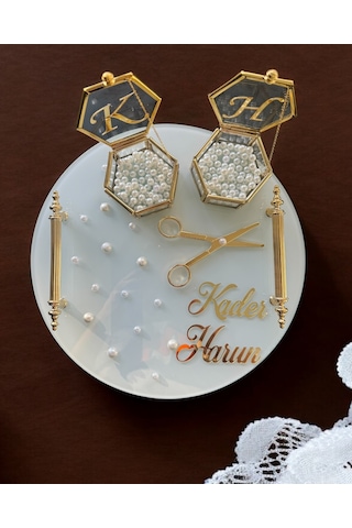 Beloved Gold Beyaz İncili Söz Tepsisi Nişan Tepsisi Ve Damat Kahve Fincan Tepsisi Gold Gold