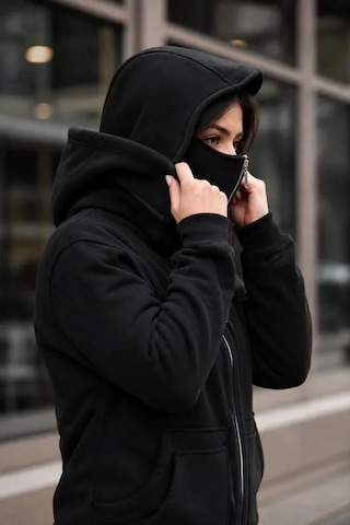 DefyModa Maskeli Ninja Model Çift Kapüşonlu 3 İplik Şardonlu Fermuarlı Oversize Sweatshirt - Siyah