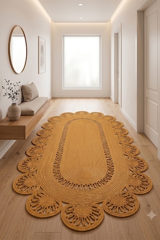 Jüt Hasır Oval Kilim Dekoratif Örgü Model Halı Salon Oturma Odası Mutfak Koridor Yatak Odası Banyo Balkon Yolluk Bohem Ev Dekoru 220hasırbambu