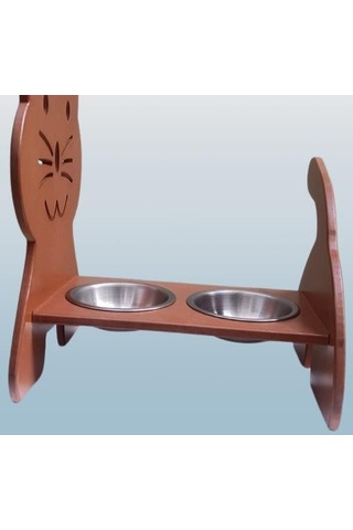 Hobi Erc 90373 Model Kedi Mama Ve Su Kabı Seti Mdf Ceviz Renk Paslanmaz Tabak