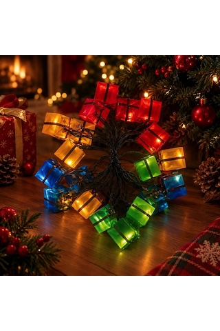 Özel Üretim Dekoratif 4 Metre 20 Led Pilli 2 Kademeli Hediye Kutusu Yılbaşı Ağacı Süsü Led Işık Mz-2