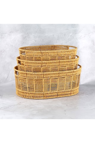 Mien 3 Boy Doğal Rattan Organizer Sepet Seti Dekoratif Çok Amaçlı Düzenleyici Sepet Açık Kahverengi