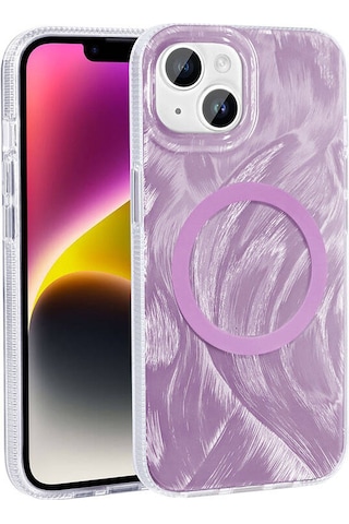 Apple Uyumlu iPhone 14 Kılıf M-safe Şarj Özellikli Fırça Boya Desenli Zore Palet Kapak Pembe