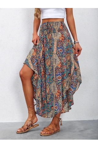 Kadın Beli Lastikli Bağcıklı Asimetrik Kesim Detaylı Desenli Bürümcük Etek Desenli