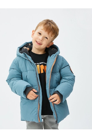 Koton Erkek Bebek Kapşonlu Şişme Mont Fermuarlı Peluş Astarlı Mavi