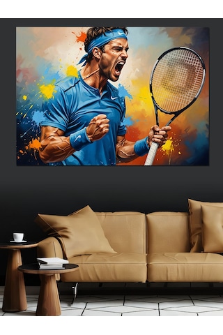 Tenis Maçında Hırslı Erkek Oyuncu Dekoratif Kanvas - Mdf Ahşap Tablo