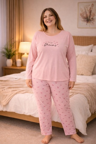 Nisanca Kadın Büyük Beden Uzun Kollu Rahat Pijama Takımı Yumuşak Dokulu Konforlu Ev Giyimi Somon