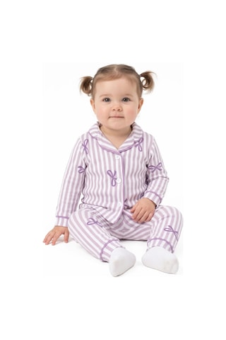 Bebegen Kız Bebek Beyaz Lila Fiyonklu Çizgili Pijama Takımı