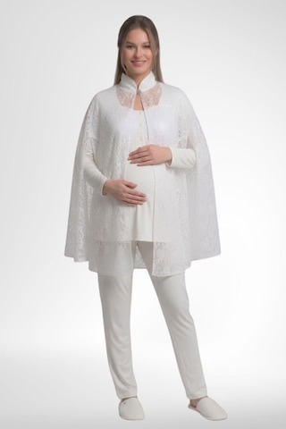 Mecit Pijama Mecit 6402 Kadın Elegant Ekru Dantel Pelerin Lohusa Pijama Takımı