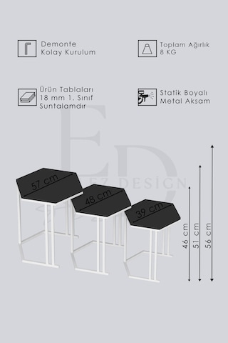 Tokyo 3'lü Zigon Sehpa Siyah Metal - Siyah Mermer Tabla
