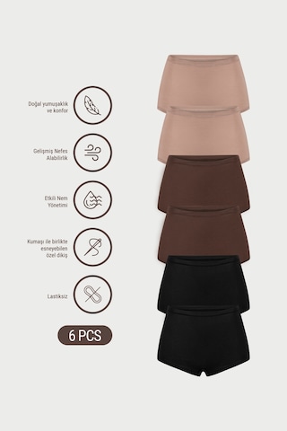 Auw Kadın Lastiksiz Pamuklu Modal Basic Boyshort 6'lı - Softfit Latte,bitter,siyah