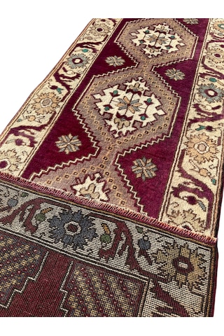 El Dokuma Sıfır Uşak Halısı 78x330 Yolluk Kök Boya Yün Mor Halı