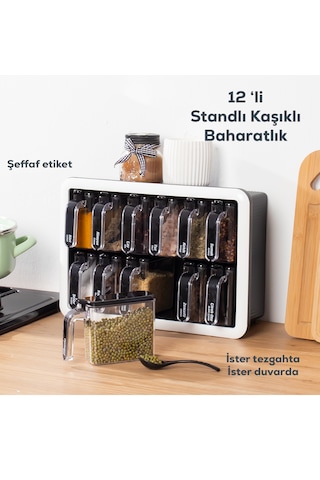 ﻿Porsima 1041 Standlı Kendinden Yapışkanlı Kaşıklı Kapaklı Baharatlık Takımı 12'Li Beyaz - Siyah
