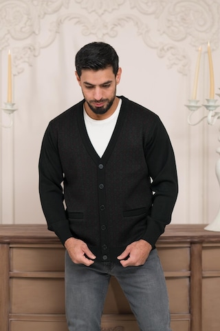 Woolen World Regular Fit V Yaka Ön Cepli Desenli Triko Hırka Siyah