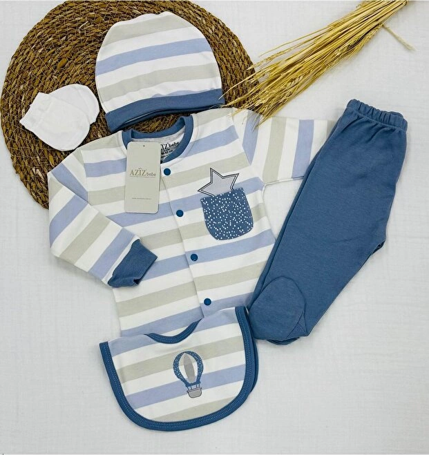 Aziz Bebe %100 Pamul Erkek Bebek 5'li Hastane Çıkışı İndigo Azz.indg.5344 İndigo