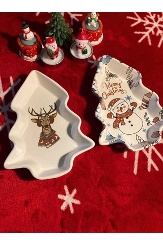 Yılbaşı Temalı 2'li Ağaç Tasarımlı Desenli Seramik Sunum Servis Tabağı 17x12 Cm Geyikli Ve Kardan Adamlı