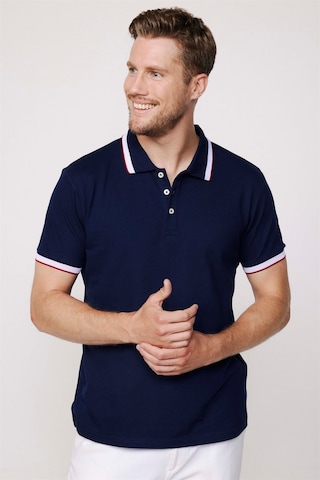 Tudors Erkek Slim Fit Dar Kesim %100 Pamuk Düz Pike Kol Şeritli Lacivert Polo Yaka Tişört-27689