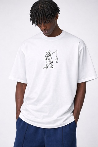 Yolo Street Oversize Beyaz Tişört %100 Pamuk Minimal Balıkçı Çizim Baskılı Unisex Streetwear Beyaz