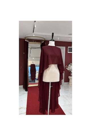 Ezni Atelier Bordo Şifon Abiye Pelerini 140 Cm Transparan Abiye Pelerini Uzun Abiye Pelerini Zarif Düğün Pelerini Bordo Bordo