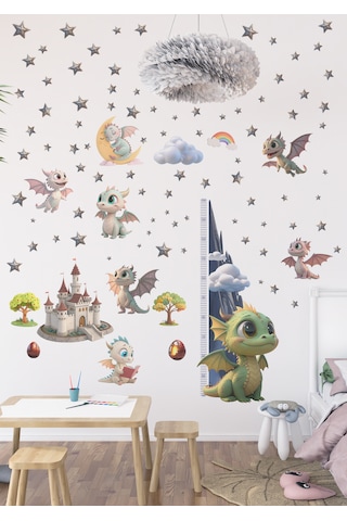 Bebek Ejderhalar Boy Ölçerli Duvar Sticker Seti - Mat, Sökülebilir, Çocuk Odası Dekoru 01