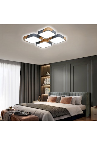 Kare Antrasit Kumandalı Dimli 3 Işık Renkli Ahşaplı 50x50cm Led T Anrasit