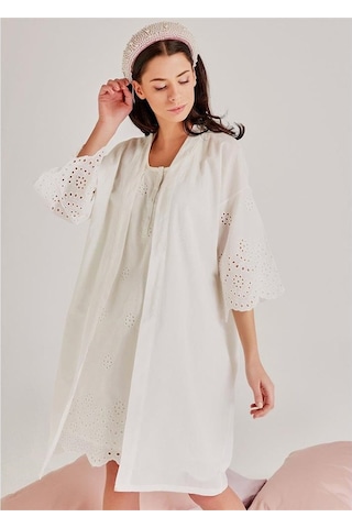 Magic Form 30108 Kendinden Brode Desenli Sabahlık Gecelik Takım - Ekru