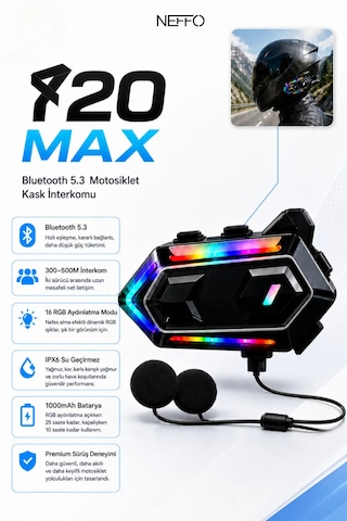 20 Max 5.3 Bluetooth Motosiklet Kask Kulaklık Intercom Işıklı, Gürültü Engelleme, Uzun Pil