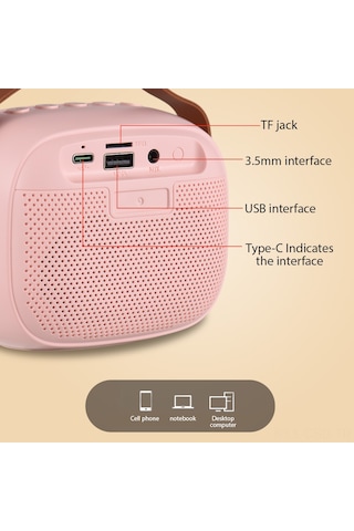 Samdoo K30 Pembe Bluetooth 5.0 Hoparlör, Dış Mekan Taşınabilir, İki Mikrofonlu Karaoke, Renkli Ambiyans Lambası, 6w Ses Gücü