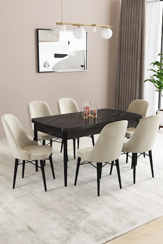 Familieconcept Almira Serisi, Siyah Mermer Desen 80x132 Açılabilir Mdf Mutfak Masası Takımı 6 Adet Sandalye Krem