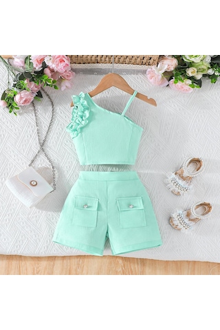 6m-5y Kız Çocuk Giyim Çocuk Yaz Kısa Kollu + Şort İki Parça Kız Çocuk Kısa Kollu Takım Yeşil