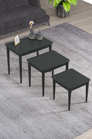 Elegance Antrasit Mdf Lake Boyalı Tabla Gürgen Ayak 3 Lü Zigon Sehpa Takımı Çay Sehpası Servis Sehpa Antrasit