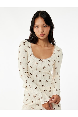 Koton Pyjamas Knıt Tops Ekru Desenli 7wlk40055mk