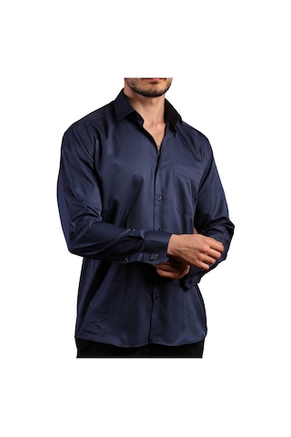 Lacivert Büyük Beden Rahat Kesim Micro Kumaş Kol Düğmeli Regular Fit Erkek Gömlek - 190-12 001