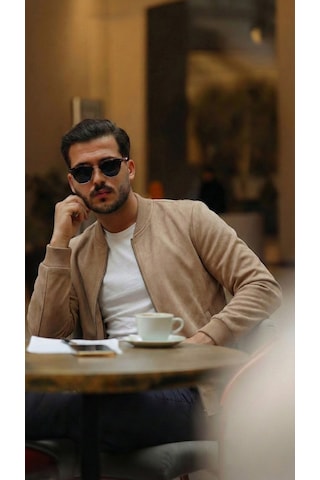Efnaz Style Erkek Scuba Süet Kumaş Bomber Hırka Taba