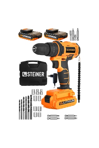 Steiner 58 V 5 Ah Darbeli Metal Şanzıman Çift Akü Şarjlı Vidalama Matkap + 24 Parça Sarı