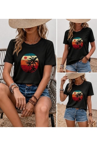 Hazego Kadın Kısa Kollu Palmiye Baskılı Viskon Bluz Siyah