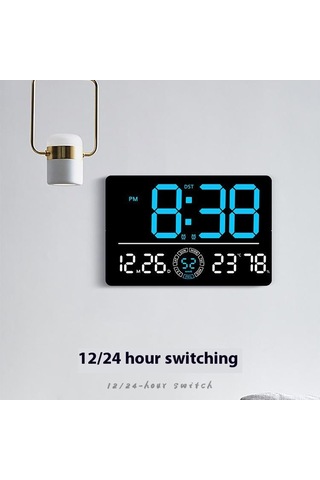 6667 Led Dijital Duvar Saati Oturma Odası Modern Minimalist Elektronik Saat Sıcaklık/nem Göstergeli - Mavi Mavi