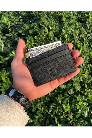 Unisex Mat Black Mini Design Hakiki Deri Kartlık Cüzdan Erkek - Kadın Siyah