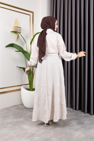 Hira Life Fashion Kadın Bej Tesettür Giyim Gömlek Detaylı Çizgili Viskon Kıraş Elbise İkili Takım Bej Bej
