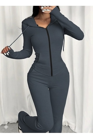 Tua Moda Kadın Uzun Kollu Kapşonlu Bağcıklı Önü Fermuarlı Viskon Iki Iplik Bluz Ve Pantolon Ikili Takım Gri