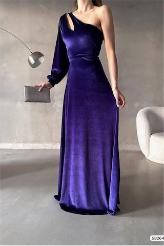 Lior Design Kadın Şık Detay Esnek Kadife Kumaş Tek Omuz Abiye Elbise Mor