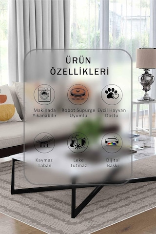 Ekru Halı 1488 - Yıkanabilir, Kaymaz Taban, Dijital Baskılı, Leke Tutmaz, İnce Hav, Modern Salon, Oturma Odası, Ya Çok Renkli