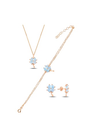 Çekirdekjewelry 925 Ayar Gümüş Rose Açık Mavi Taşlı Yonca Takı Seti Pembe