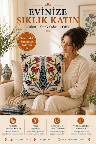 Goblen Çini Desen Kırlent Kılıf Renkli