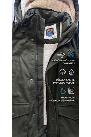 Alaska The Last Frontier Slim Fit Çıkarılabilir Kapüşonlu Gabardin Uzun Parka Kaban Haki