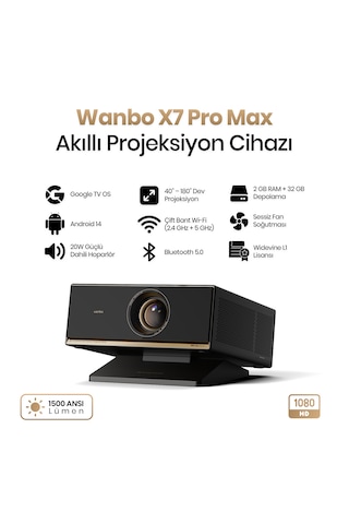 Wanbo X7 Pro Max Google Tv Projeksiyon Cihazı, 1500 Ansı Lümen, Full Hd 1080p, 4k Destekli, Otomatik Odaklama