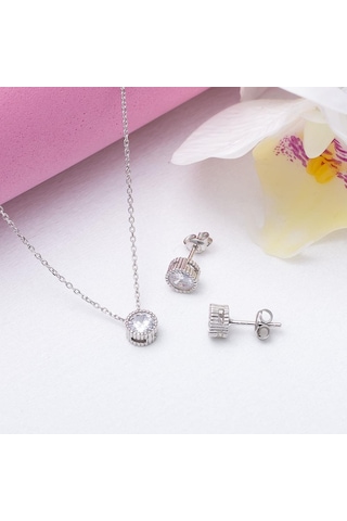 6,2 mm Yuvarlak Model Zirkon 925 Ayar Gümüş Tektaş Kolye Küpe İki