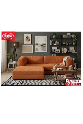 Herev 180x180 Cm 50 Dns Modüler Köşe Koltuk Fitilli Kadife Kumaş, Yatak Olabilen, Modern Tasarım Şark Köşe Turuncu