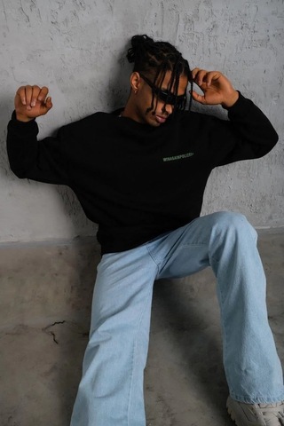 Erkek Oversize Sweatshirt Siyah Renk Ön Ve Sırt Baskılı, Üç İplik İçi Pamuklu Kumaş, Rahat Kalıp Siyah